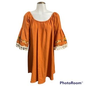 NWOT Umgee Orange Dress Embroidered Tassel Bell Sleeves Size: M